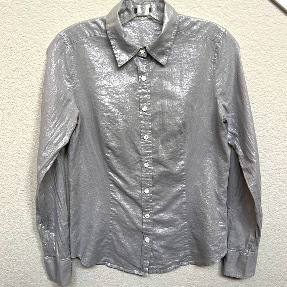 J CREW Silver Shimmery Metallic Finish Button Front Blouse sz 4